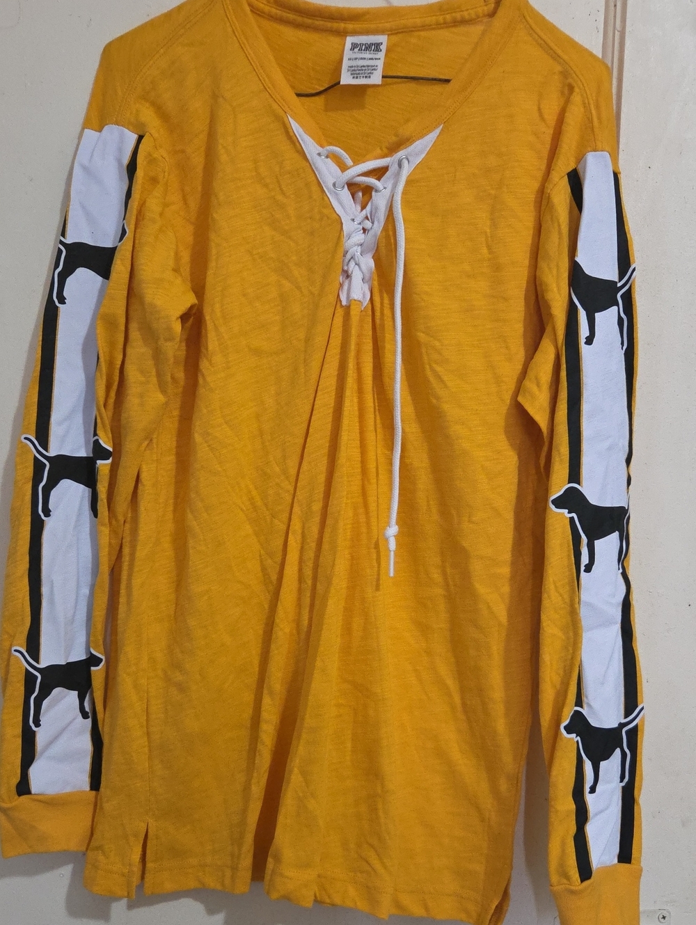 PINK Victoria's Secret Yellow Lace-Up Long Sleeve Tee with Dog Stripe Sleeves